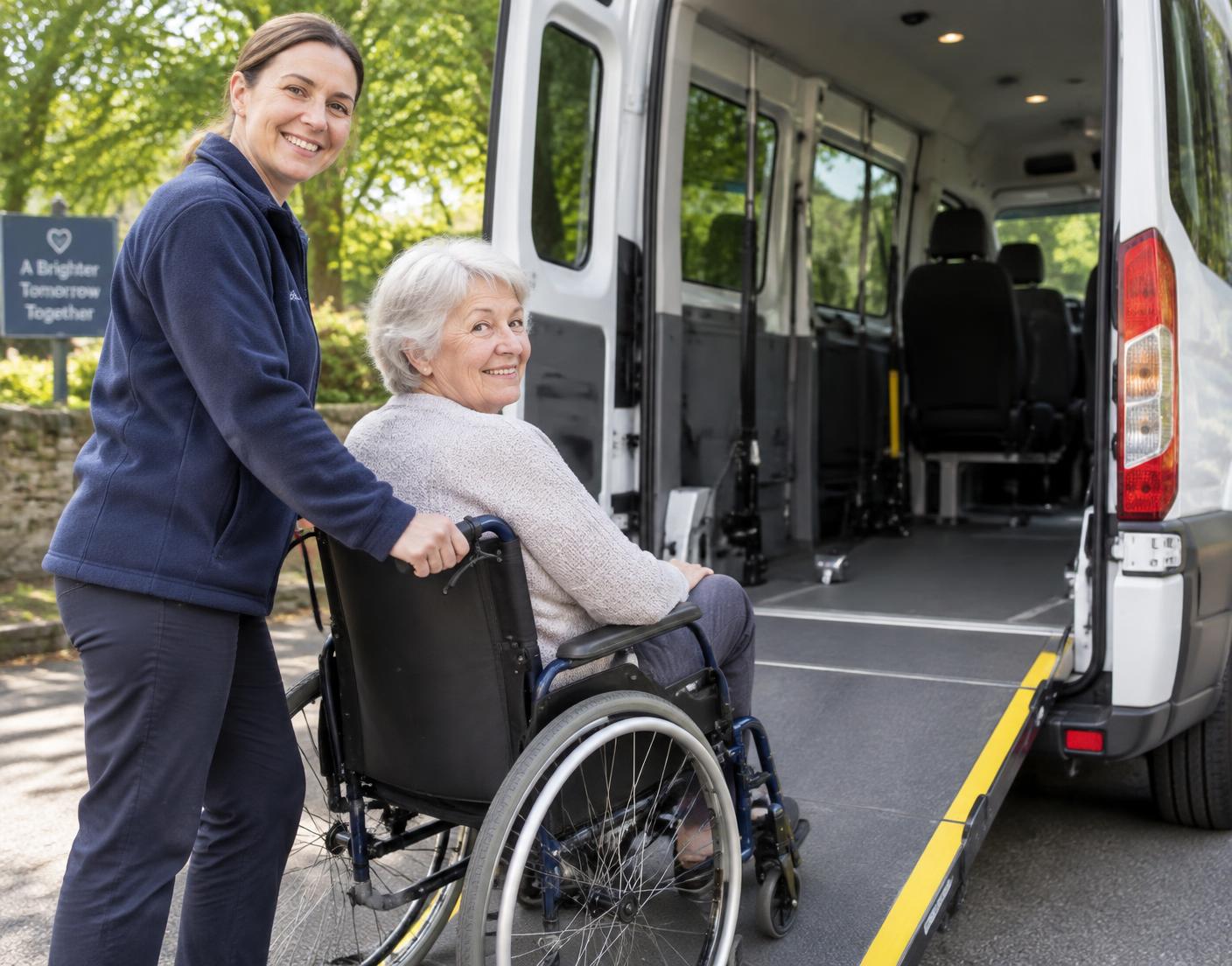 A friendly driver helping a passenger in a wheelchair board an accessible van