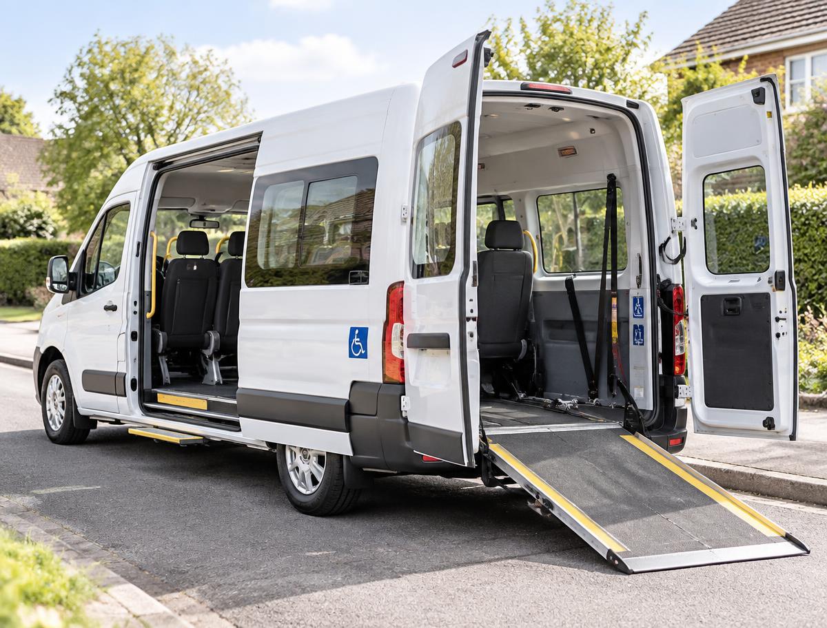 White wheelchair accessible minibus with the rear ramp lowered